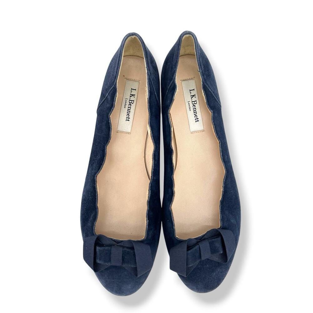 L.K. Bennett Women's Blue Suede Leather Bow Tie Ballerina Flat Shoes Size 6.5 37